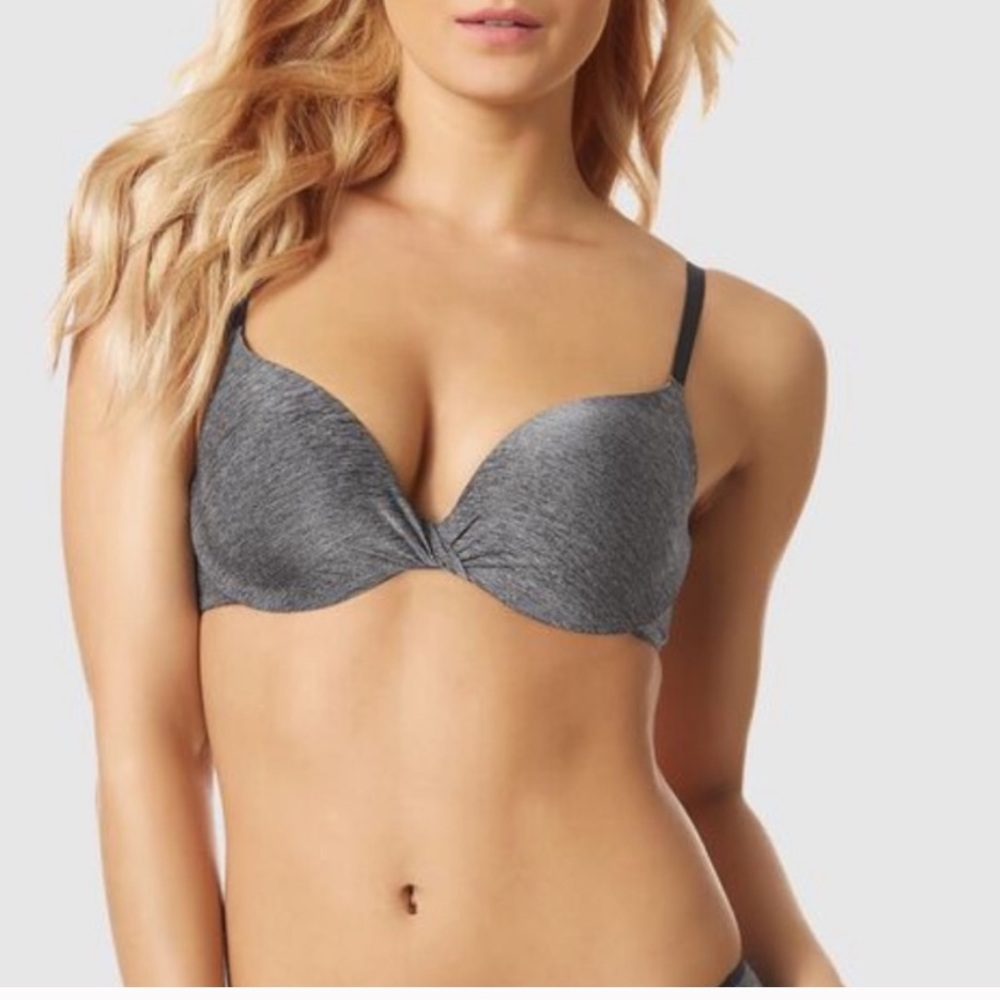 La Senza 32C Heather grey “Body Kiss” twist front push up strapless bra